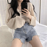 V-Neck Knitted Shirt Women's Clothing Design Sense Of Niche 2026 Spring And Autumn New Loose Lazy Style Long-Sleeved Sweater