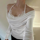 South Korea's New Spring Lace Pure Desire To Hang Neck Two Collar Blouse Temperament Thin Long Sleeve T-Shirt Girlins